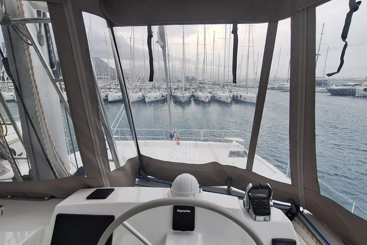 Cockpit of Gemini, a Bali 5.4 catamaran at Grad Kaštela, Croatia