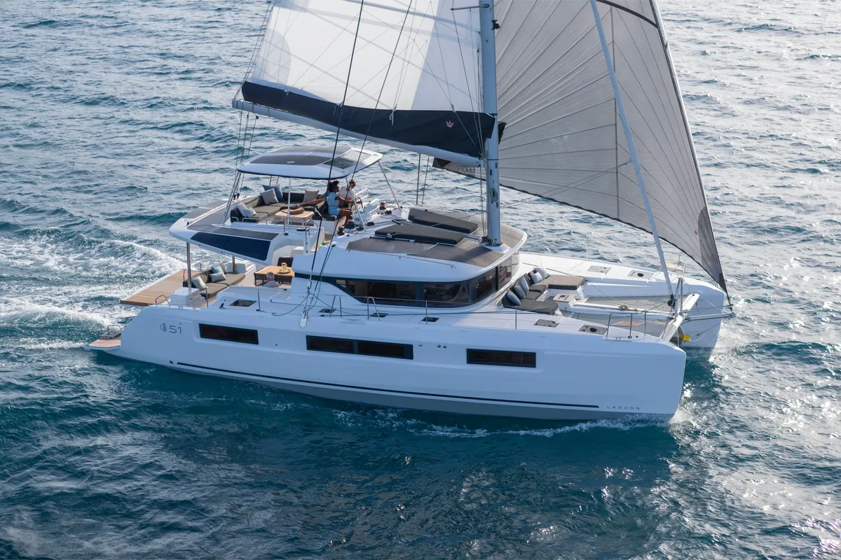 Exterior view of Margeo XIX, a Lagoon 51 catamaran at Athens, Greece