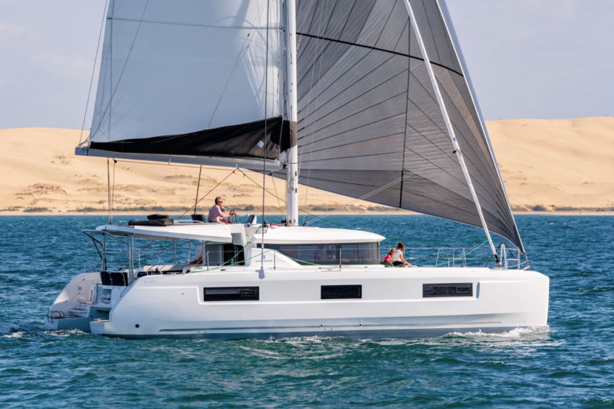 Exterior view of Overseas, a Lagoon 46 catamaran at Thira Municipal Unit, Greece