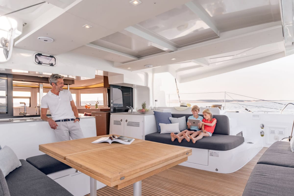 Deck of Overseas, a Lagoon 46 catamaran at Thira Municipal Unit, Greece
