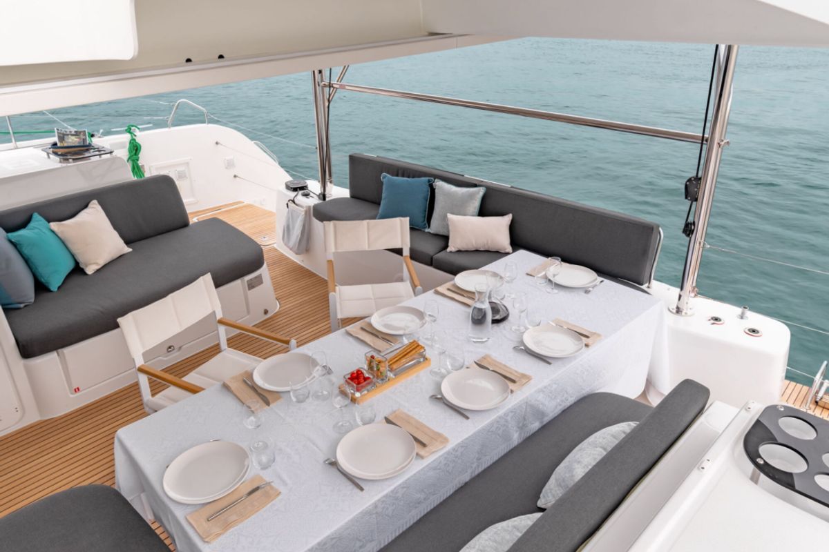 Deck of Overseas, a Lagoon 46 catamaran at Thira Municipal Unit, Greece