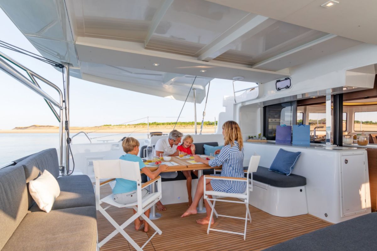 Deck of Overseas, a Lagoon 46 catamaran at Thira Municipal Unit, Greece