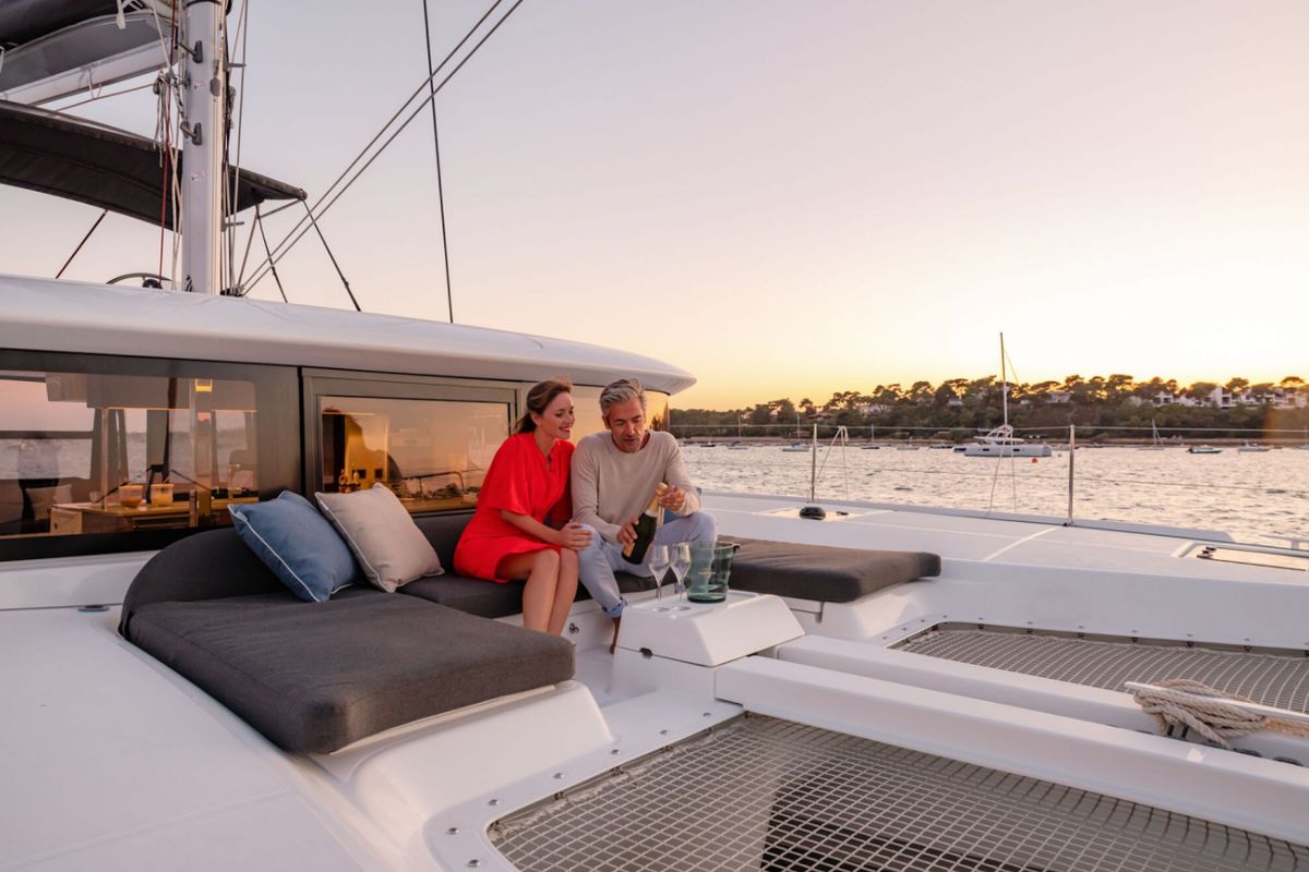 Deck of Overseas, a Lagoon 46 catamaran at Thira Municipal Unit, Greece