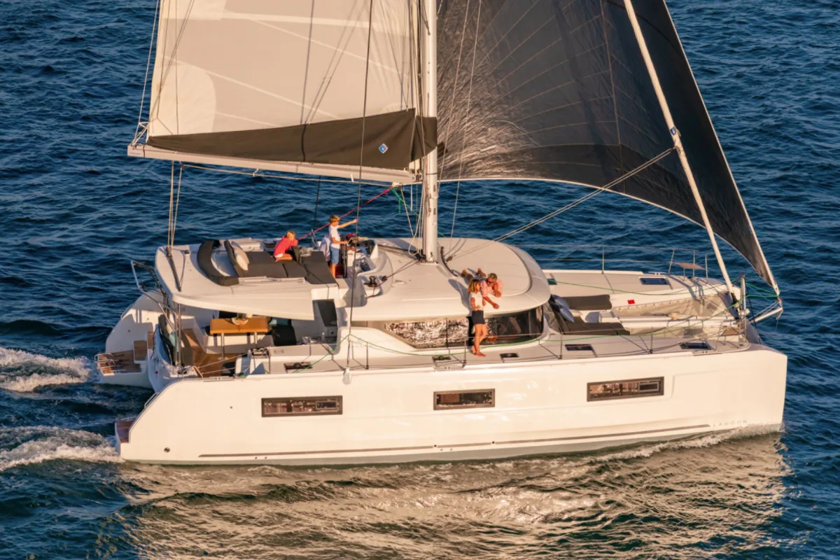 Exterior view of Overseas, a Lagoon 46 catamaran at Thira Municipal Unit, Greece
