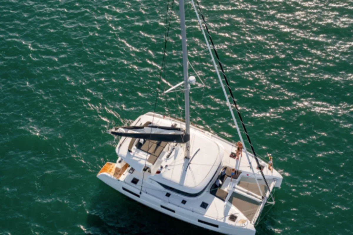 Exterior view of Overseas, a Lagoon 46 catamaran at Thira Municipal Unit, Greece