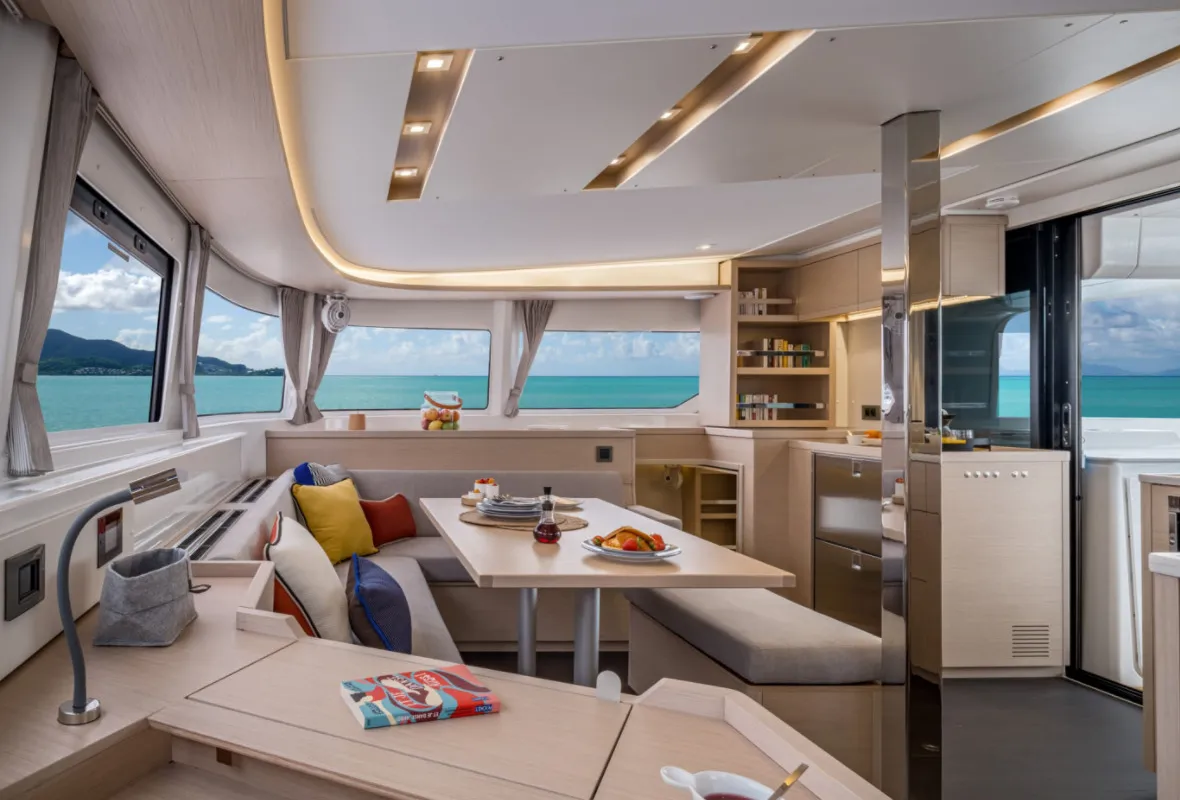 Salon of Overseas, a Lagoon 46 catamaran at Thira Municipal Unit, Greece