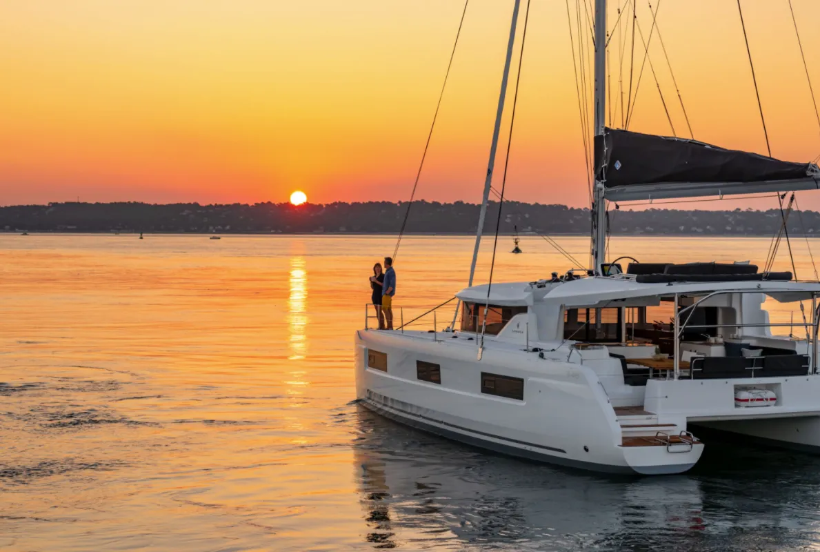 Exterior view of Overseas, a Lagoon 46 catamaran at Thira Municipal Unit, Greece