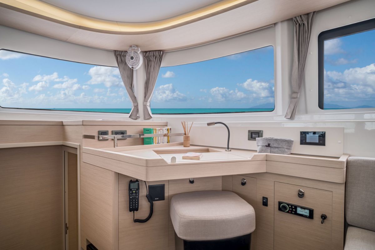 Salon of Overseas, a Lagoon 46 catamaran at Thira Municipal Unit, Greece