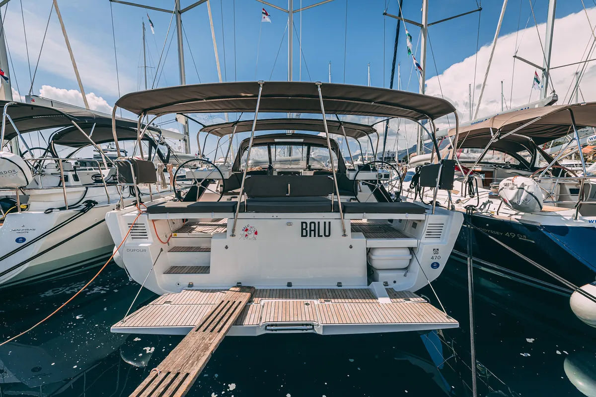 Exterior view of BALU, a Dufour 470 sailboat at Grad Kaštela, Croatia