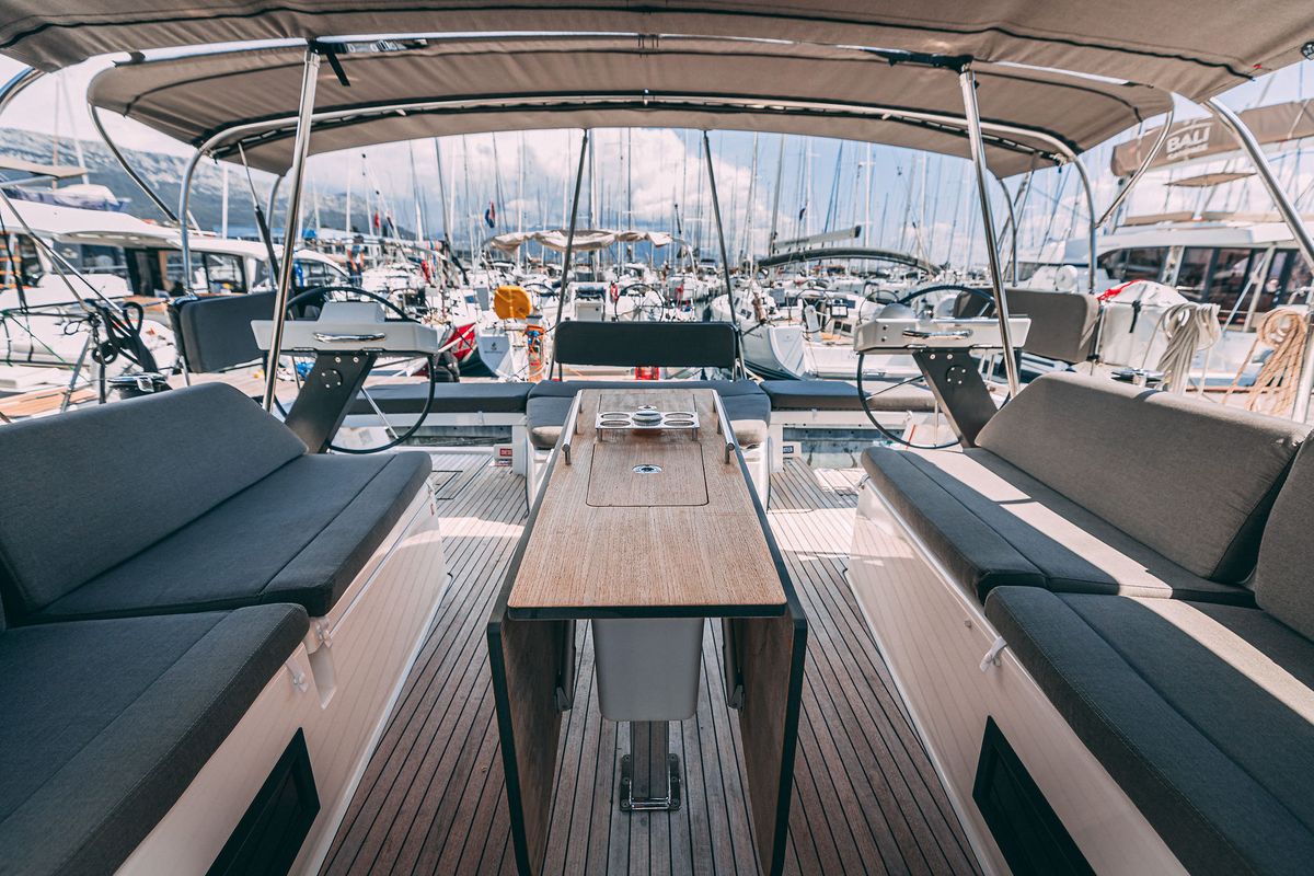 Cockpit of BALU, a Dufour 470 sailboat at Grad Kaštela, Croatia