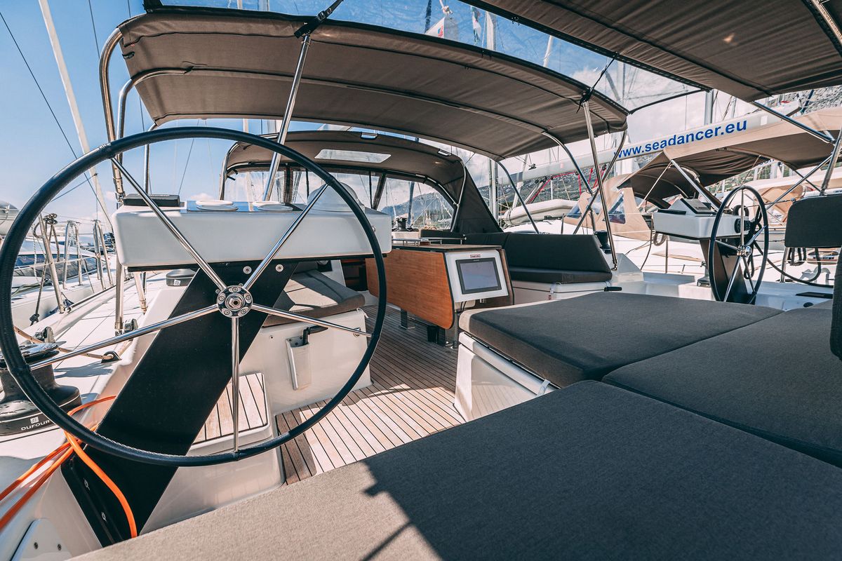 Cockpit of BALU, a Dufour 470 sailboat at Grad Kaštela, Croatia