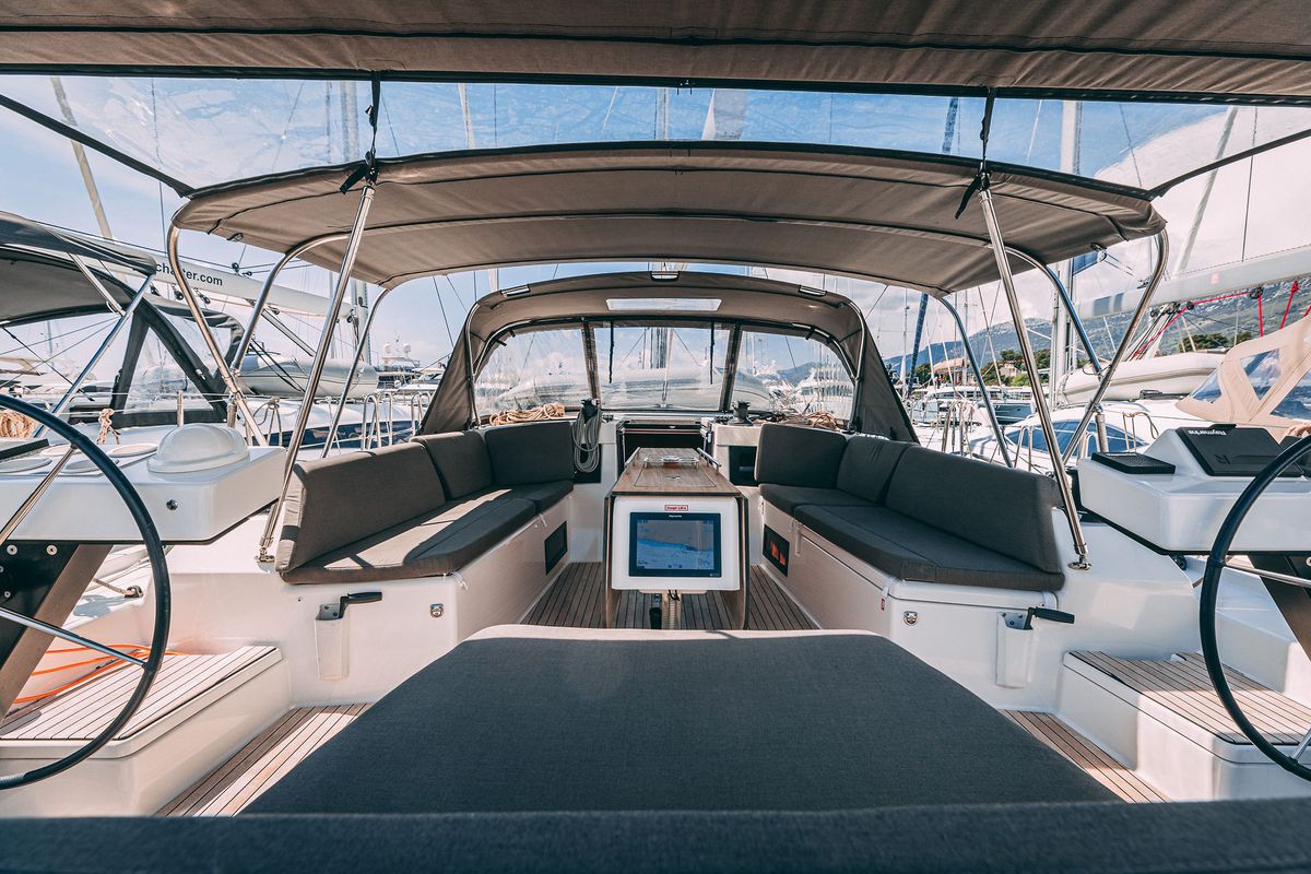 Cockpit of BALU, a Dufour 470 sailboat at Grad Kaštela, Croatia