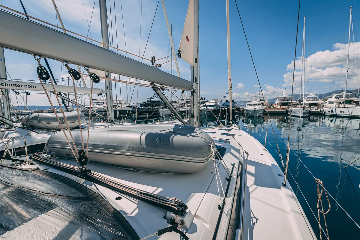 Exterior view of BALU, a Dufour 470 sailboat at Grad Kaštela, Croatia