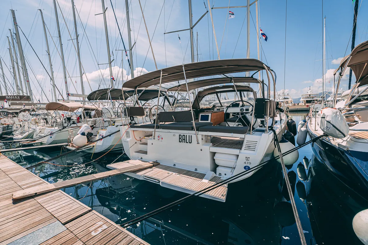 Exterior view of BALU, a Dufour 470 sailboat at Grad Kaštela, Croatia