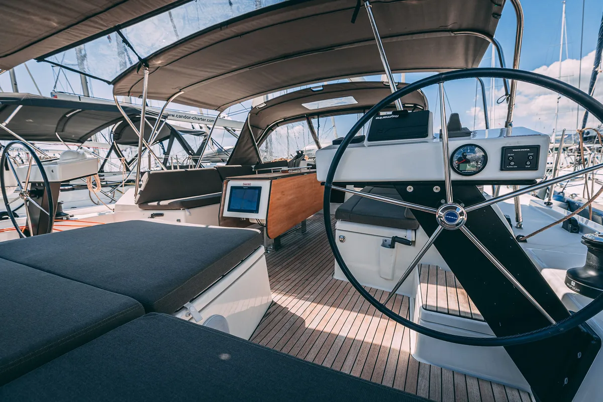 Deck of BALU, a Dufour 470 sailboat at Grad Kaštela, Croatia
