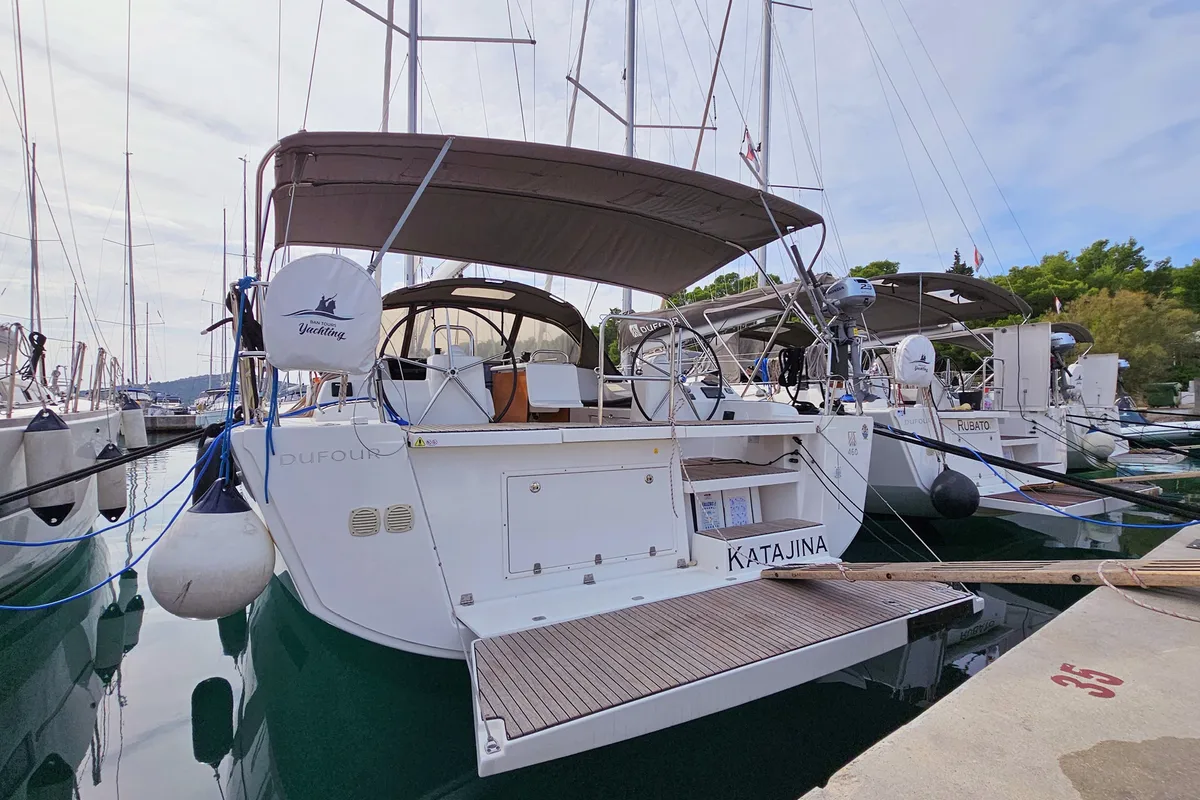 Exterior view of Katajina, a Dufour 460 GL sailboat at Općina Rogoznica, Croatia
