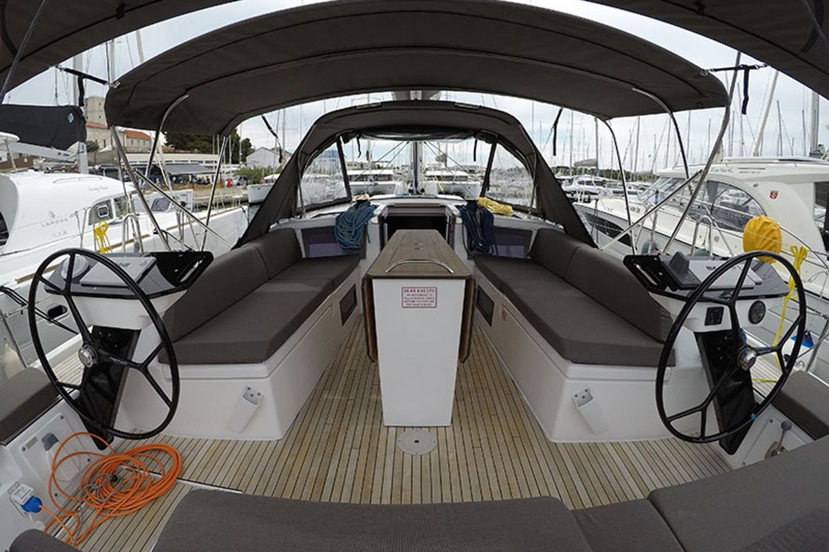 Cockpit of Moma, a Dufour 41 sailboat at Grad Šibenik, Croatia