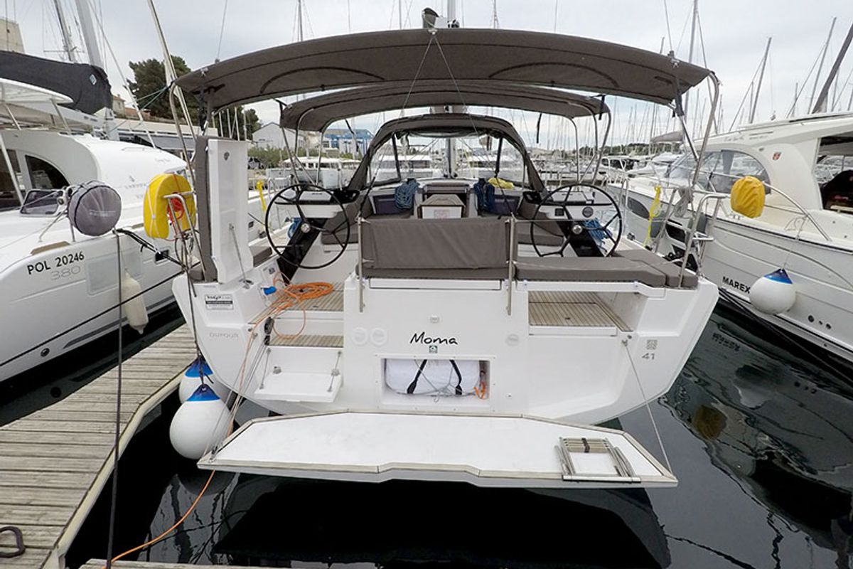 Cockpit of Moma, a Dufour 41 sailboat at Grad Šibenik, Croatia
