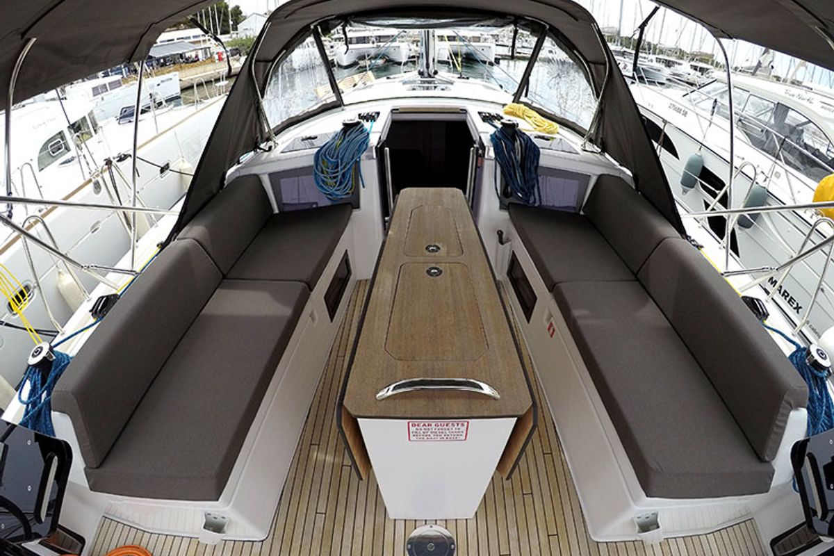 Cockpit of Moma, a Dufour 41 sailboat at Grad Šibenik, Croatia