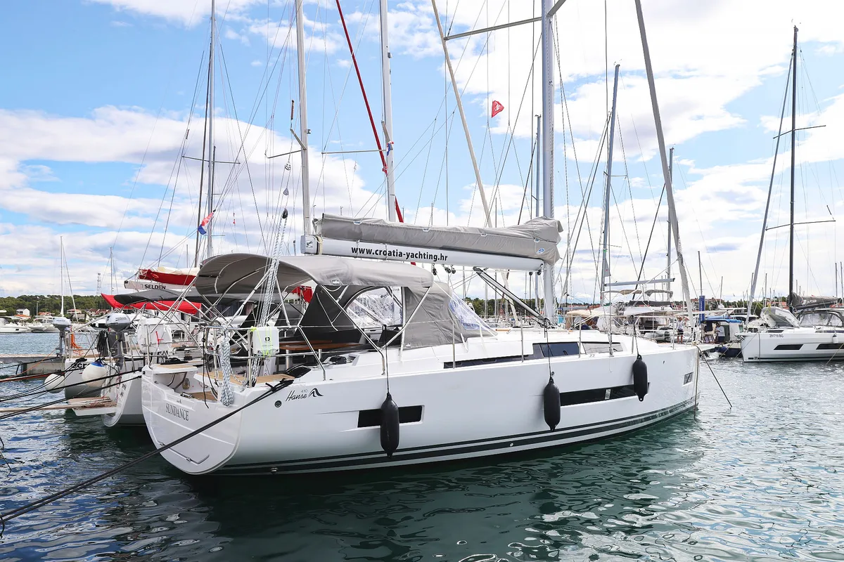 Exterior view of Sundance, a Hanse Yachts Hanse 410 sailboat at Grad Biograd na Moru, Croatia