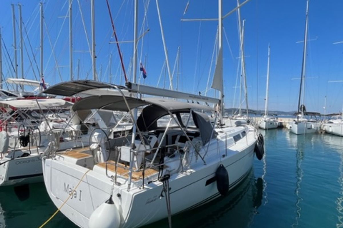 Exterior view of Maja, a Hanse Yachts Hanse 455 sailboat at Grad Biograd na Moru, Croatia