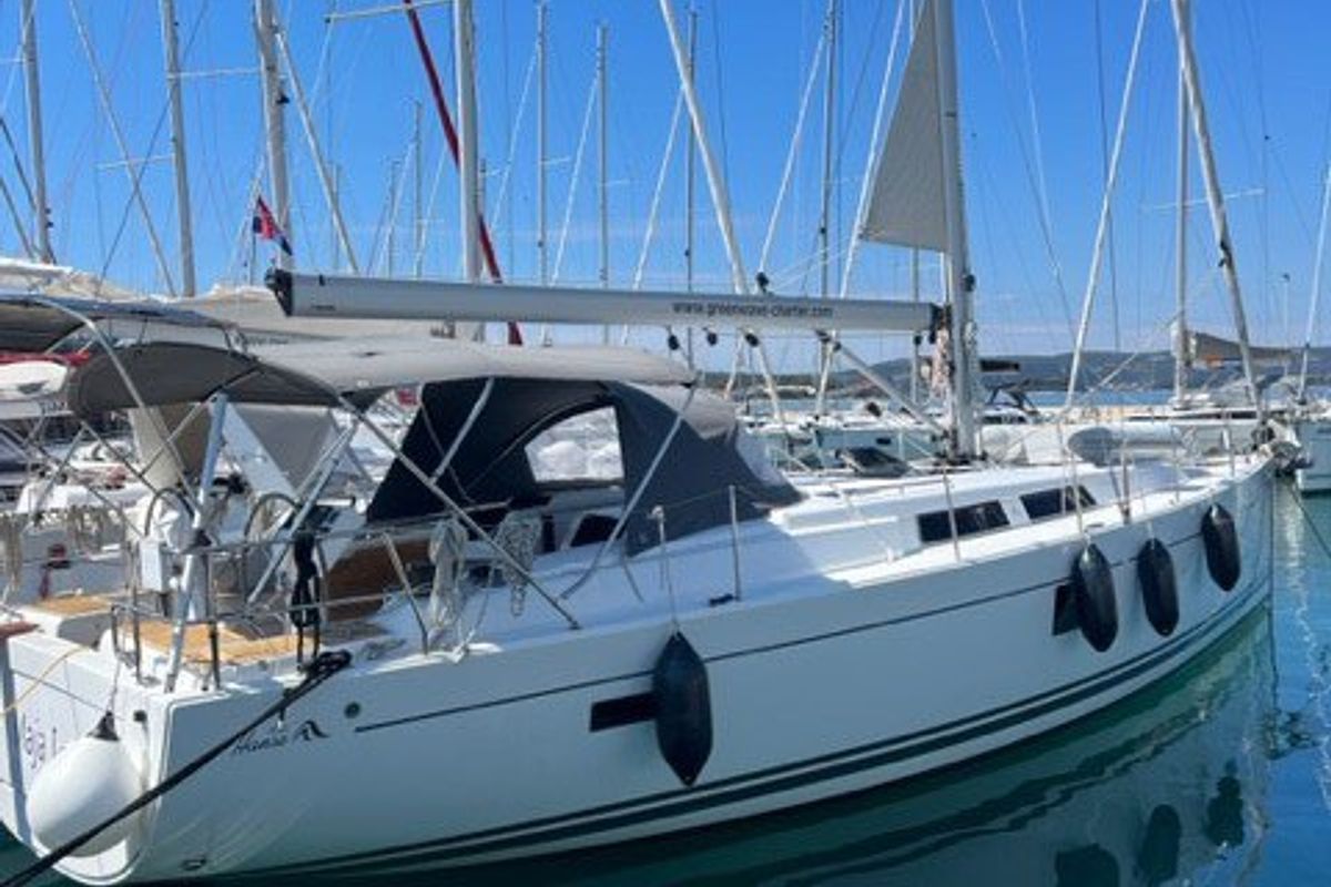 Exterior view of Maja, a Hanse Yachts Hanse 455 sailboat at Grad Biograd na Moru, Croatia