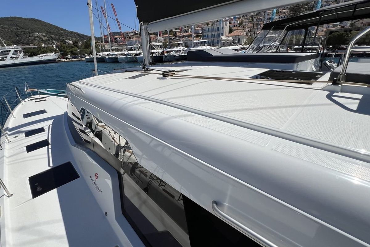 Deck of My Precious "E", a Fountaine Pajot Aura 51 catamaran at Municipal Unit of Ellomenos, Greece