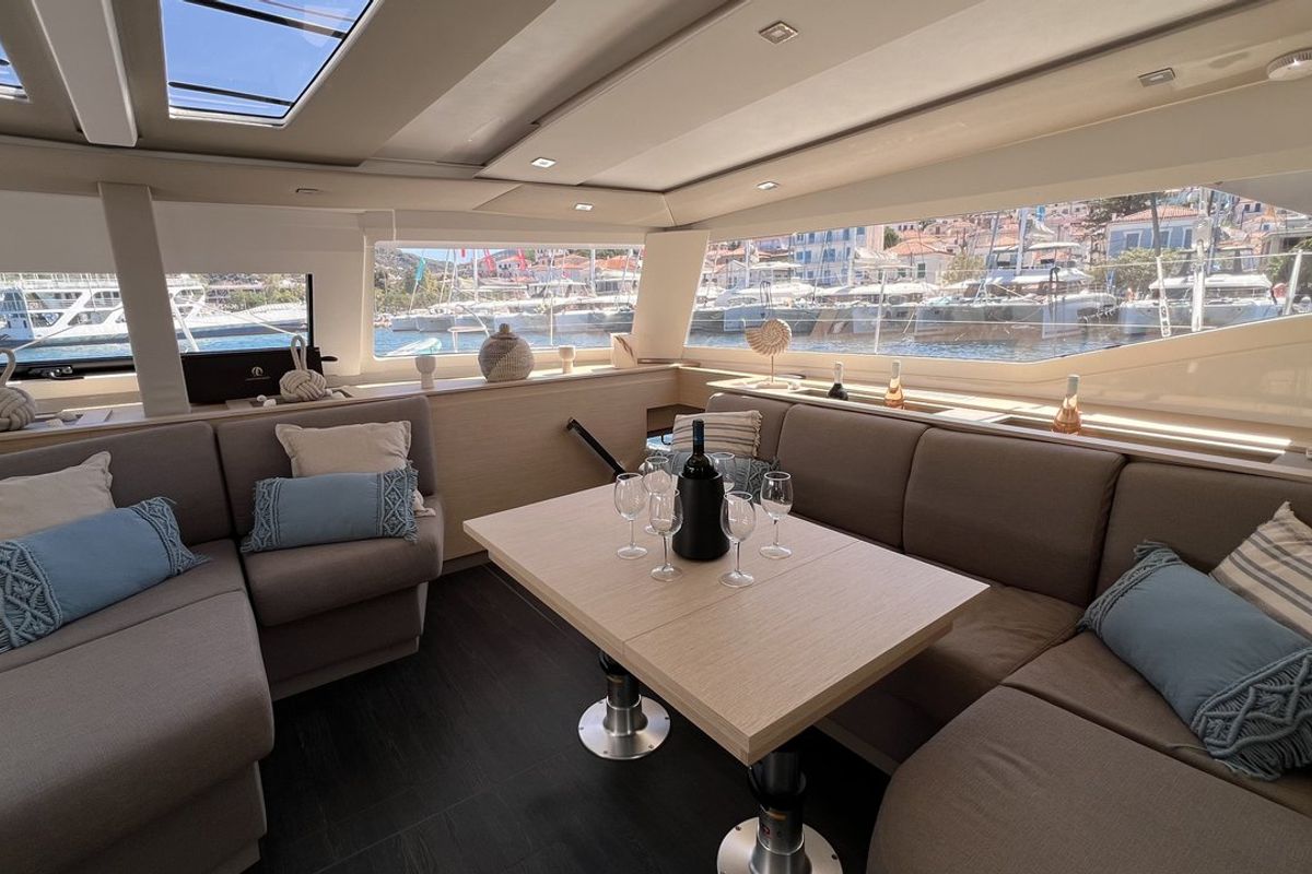 Salon of My Precious "E", a Fountaine Pajot Aura 51 catamaran at Municipal Unit of Ellomenos, Greece