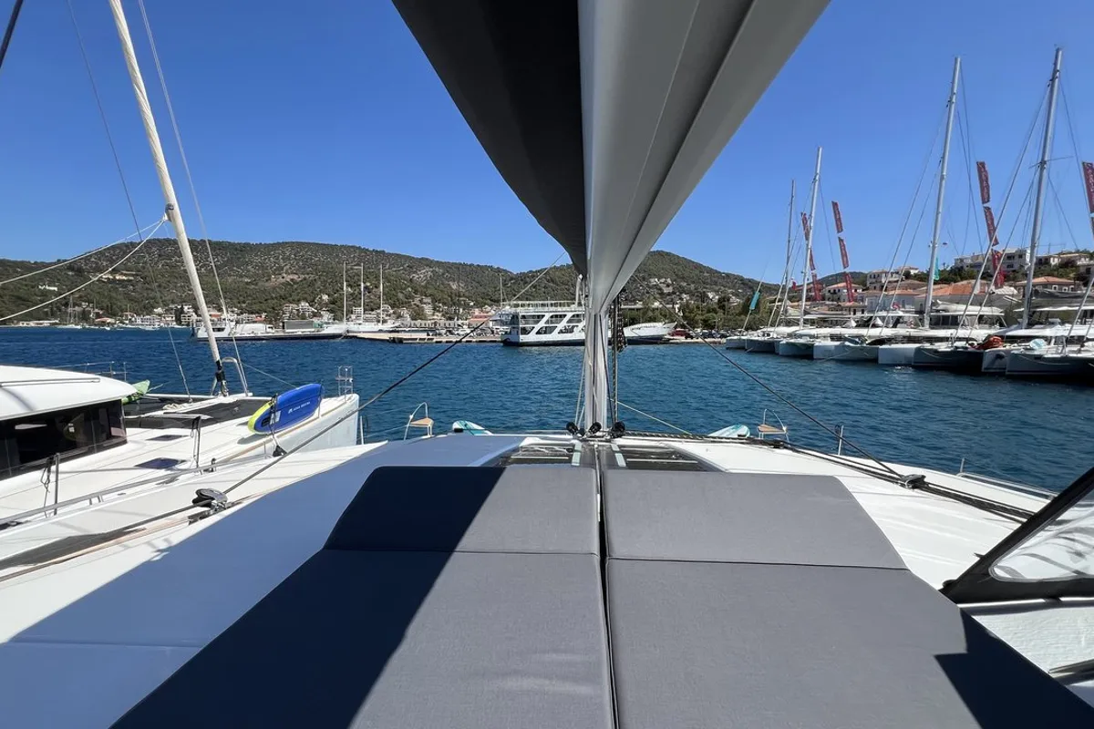 Deck of My Precious "E", a Fountaine Pajot Aura 51 catamaran at Municipal Unit of Ellomenos, Greece