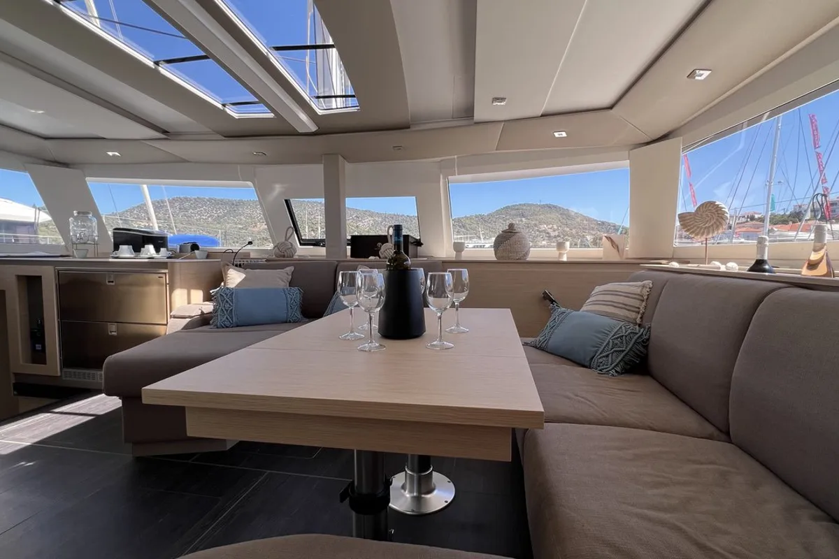 Salon of My Precious "E", a Fountaine Pajot Aura 51 catamaran at Municipal Unit of Ellomenos, Greece