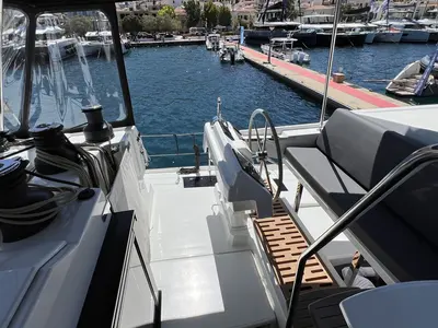 Cockpit of My Precious "E", a Fountaine Pajot Aura 51 catamaran at Municipal Unit of Ellomenos, Greece
