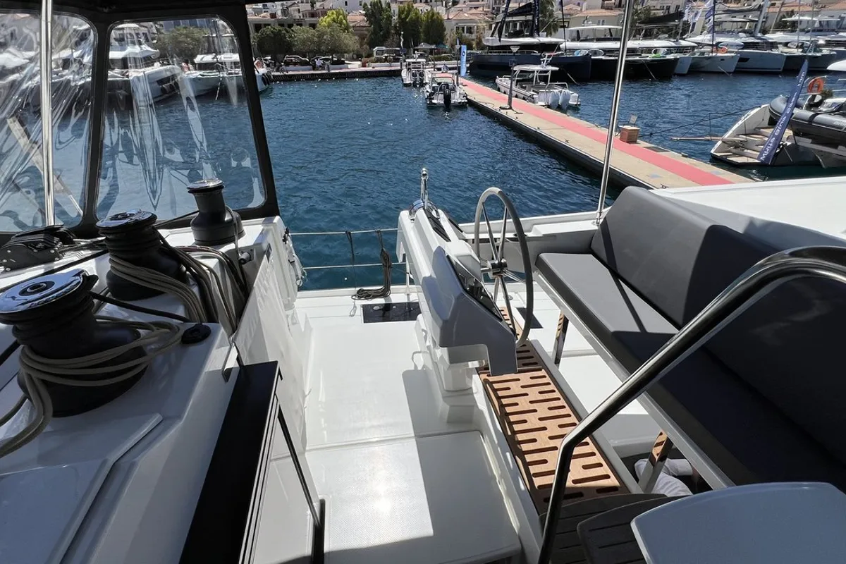 Cockpit of My Precious "E", a Fountaine Pajot Aura 51 catamaran at Municipal Unit of Ellomenos, Greece