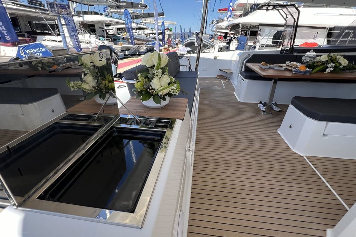 Deck of My Precious "E", a Fountaine Pajot Aura 51 catamaran at Municipal Unit of Ellomenos, Greece