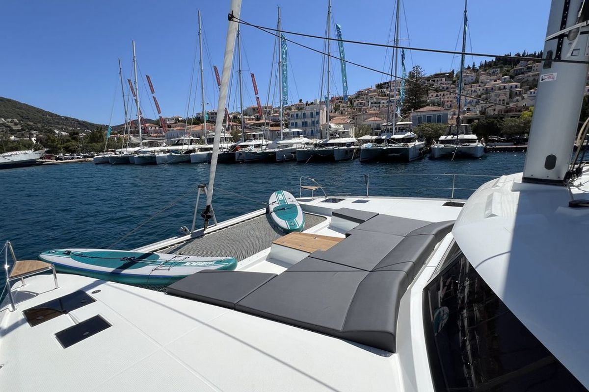 Deck of My Precious "E", a Fountaine Pajot Aura 51 catamaran at Municipal Unit of Ellomenos, Greece