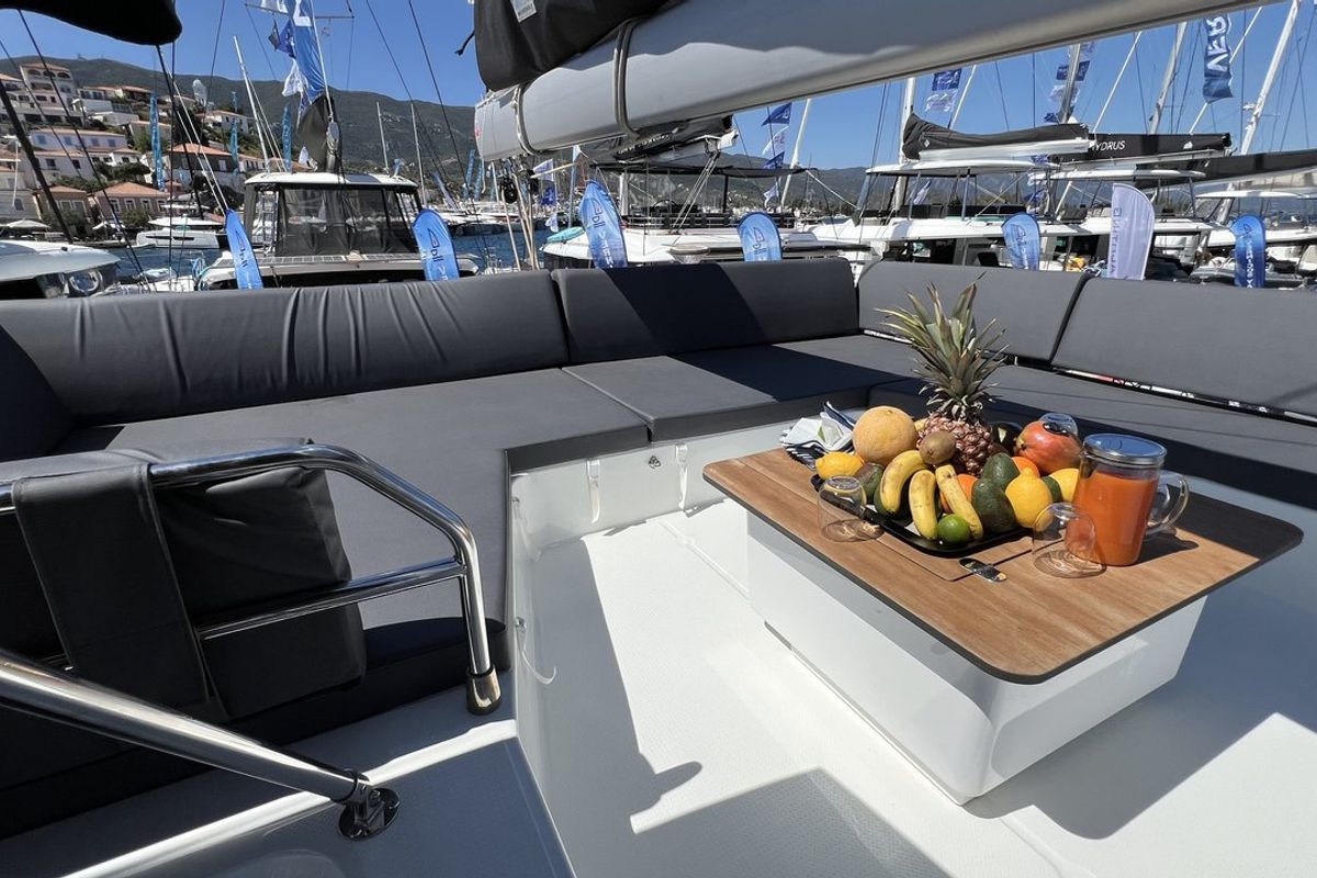 Deck of My Precious "E", a Fountaine Pajot Aura 51 catamaran at Municipal Unit of Ellomenos, Greece