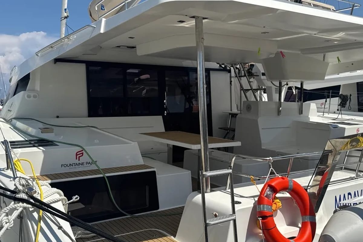 Deck of Santuzza, a Fountaine Pajot Elba 45 catamaran at Cagliari, Italy