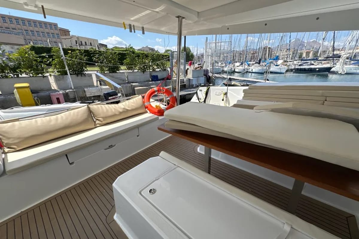 Deck of Santuzza, a Fountaine Pajot Elba 45 catamaran at Cagliari, Italy
