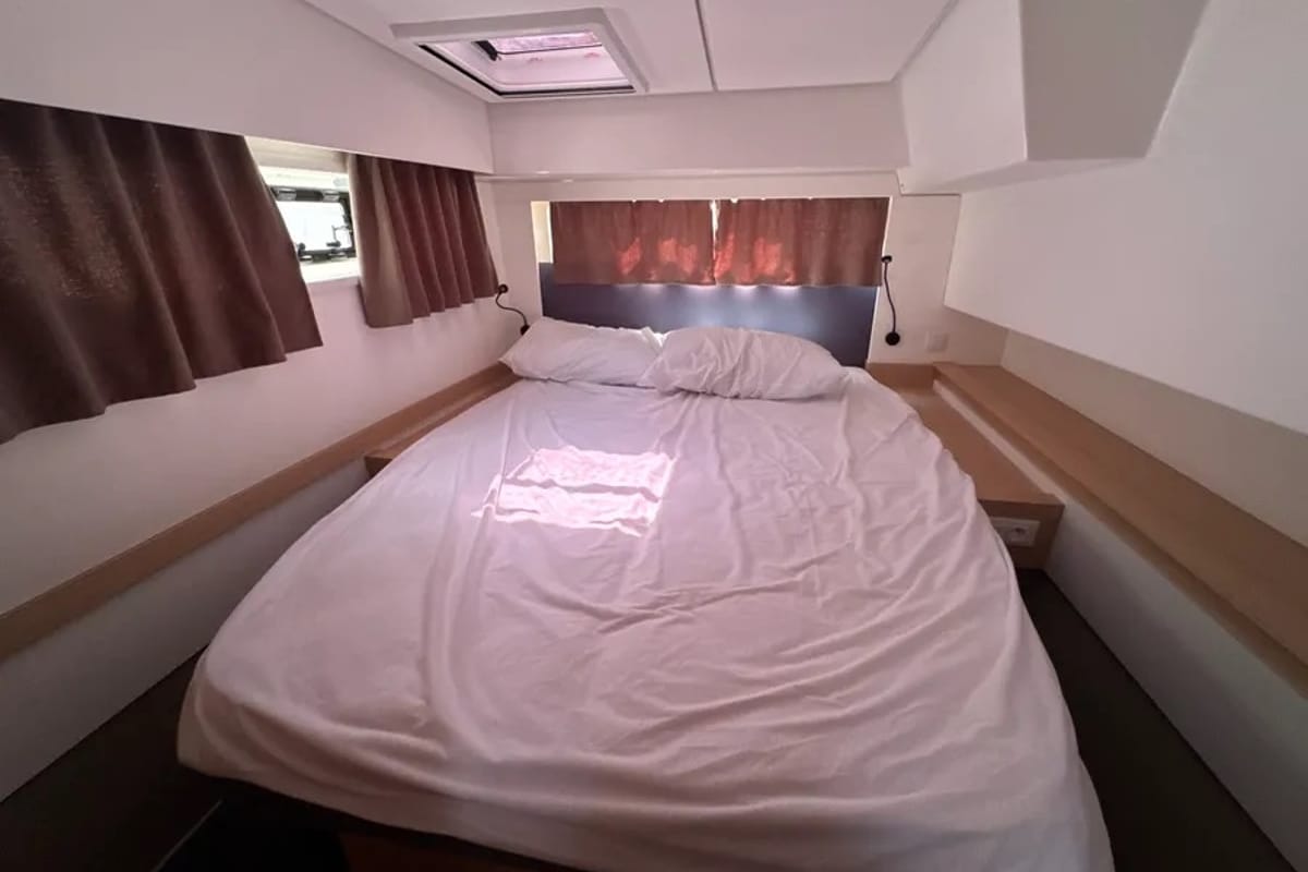 Cabin on Santuzza, a Fountaine Pajot Elba 45 catamaran at Cagliari, Italy