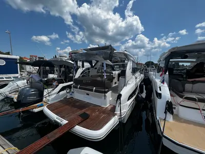 Deck of Palermo, a Bavaria 33 Sport HT motorboat at Grad Biograd na Moru, Croatia