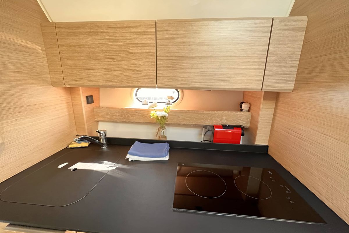 Galley of Palermo, a Bavaria 33 Sport HT motorboat at Grad Biograd na Moru, Croatia
