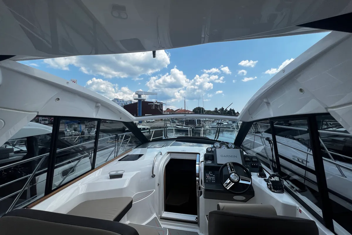 Cockpit of Palermo, a Bavaria 33 Sport HT motorboat at Grad Biograd na Moru, Croatia