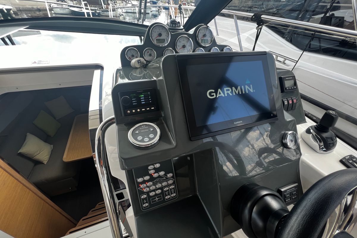 Cockpit of Palermo, a Bavaria 33 Sport HT motorboat at Grad Biograd na Moru, Croatia