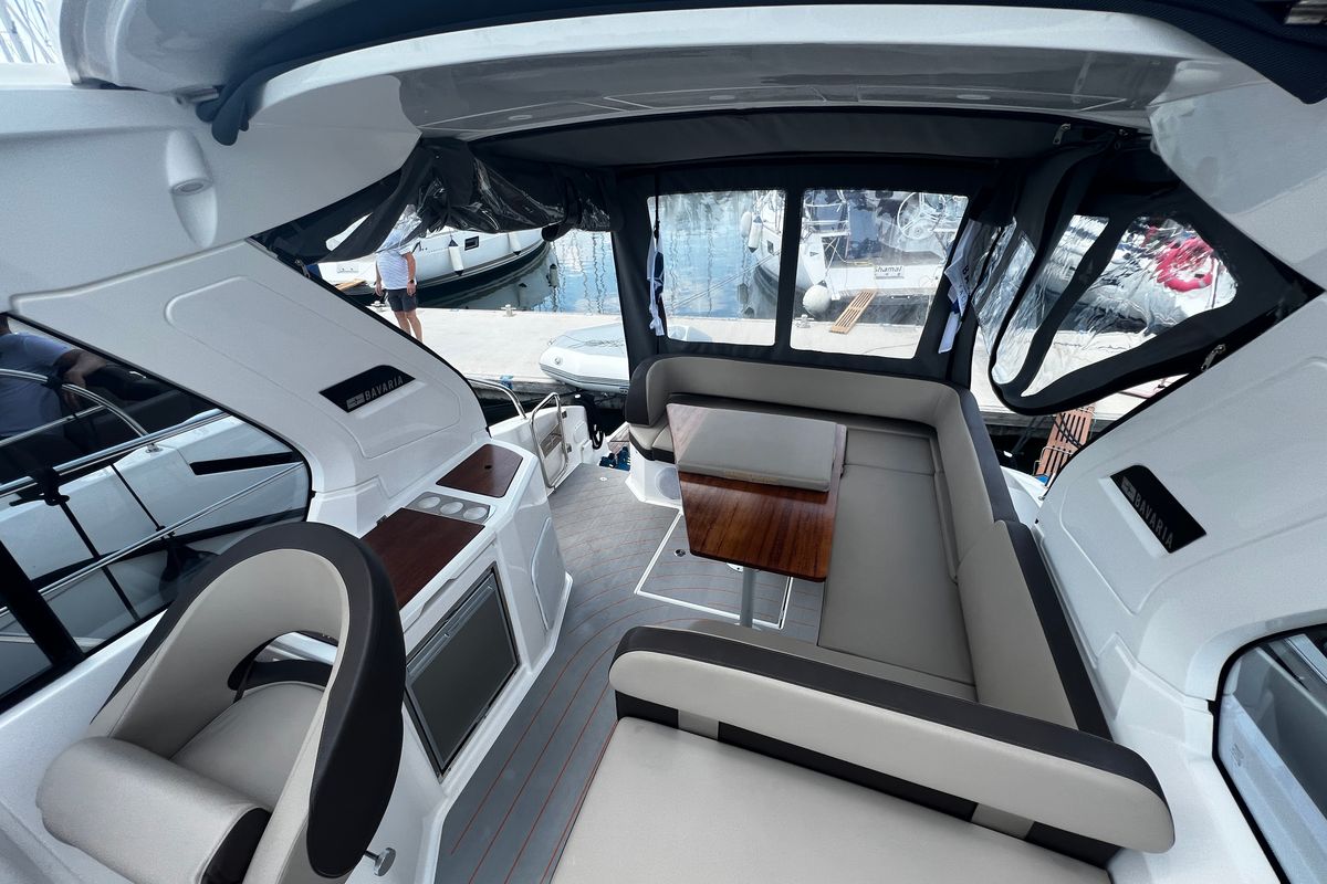 Cockpit of Palermo, a Bavaria 33 Sport HT motorboat at Grad Biograd na Moru, Croatia