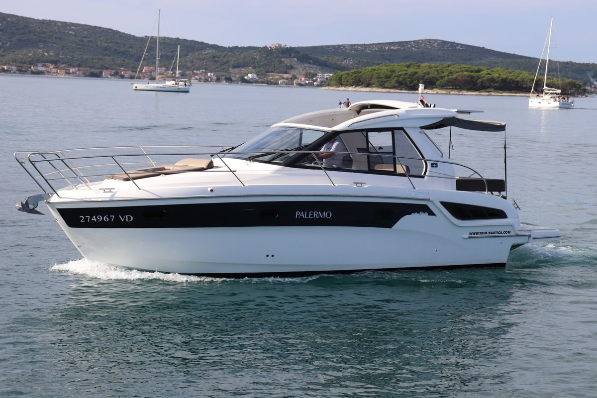 Exterior view of Palermo, a Bavaria 33 Sport HT motorboat at Grad Biograd na Moru, Croatia