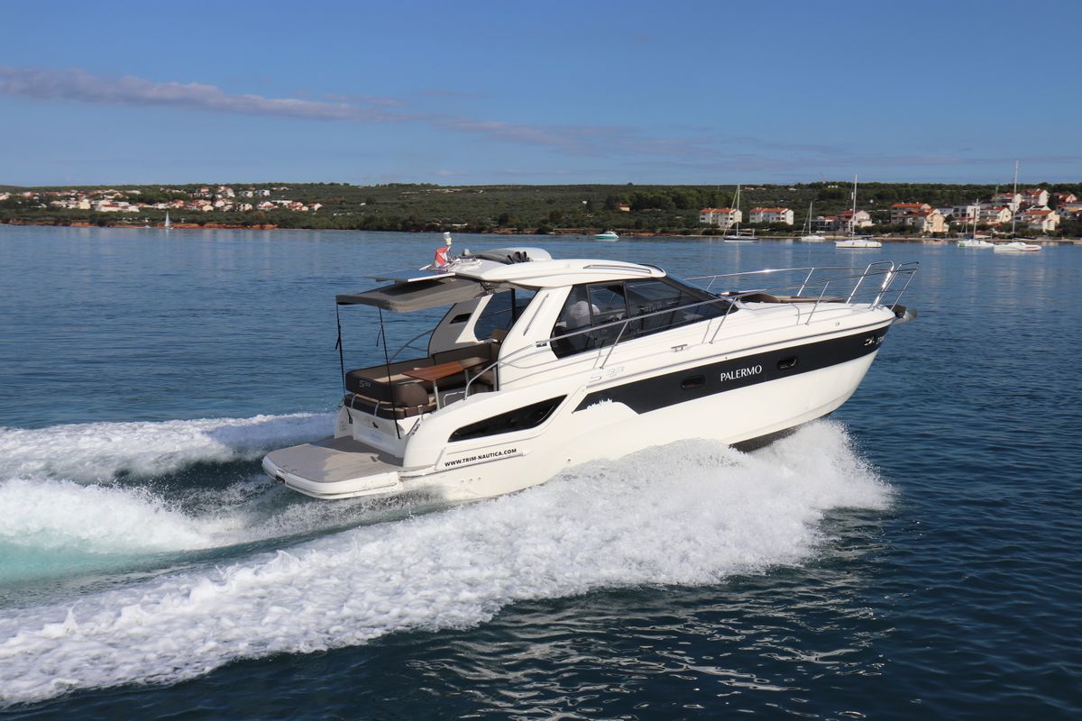 Exterior view of Palermo, a Bavaria 33 Sport HT motorboat at Grad Biograd na Moru, Croatia