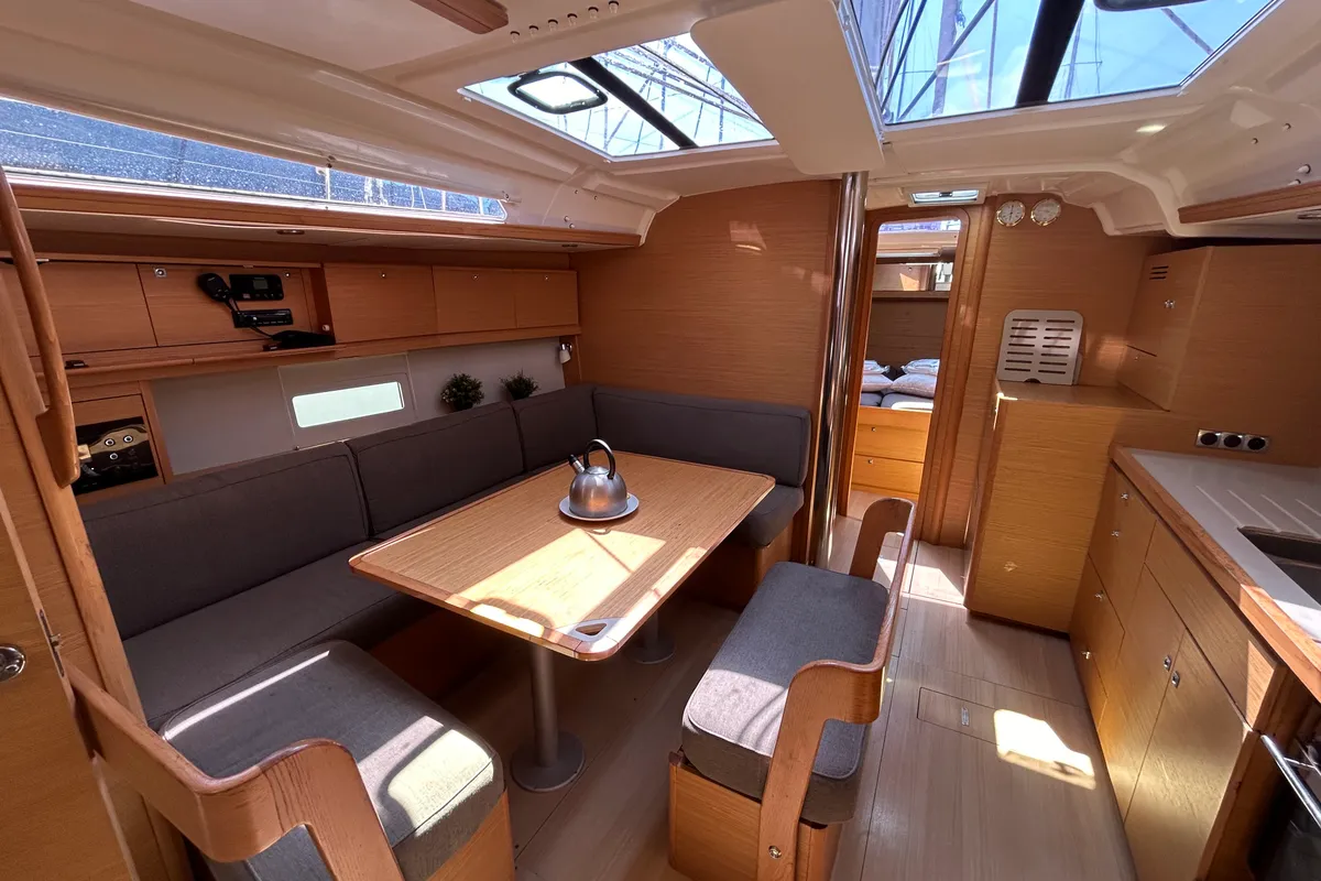 Salon of Echo II, a Dufour 430 GL sailboat at Kontokali, Greece