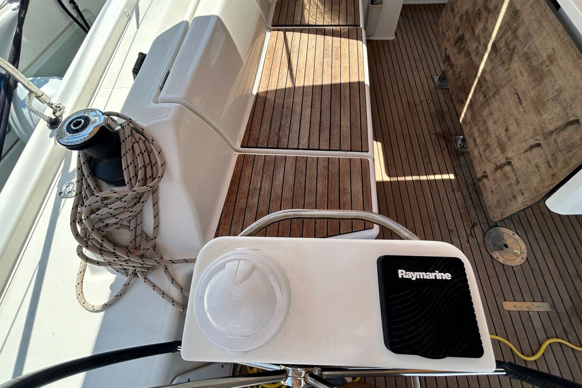 Cockpit of Echo II, a Dufour 430 GL sailboat at Kontokali, Greece