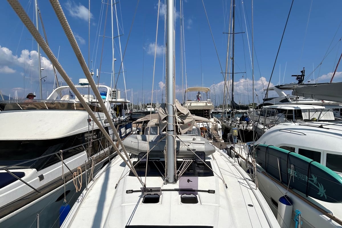 Deck of Echo II, a Dufour 430 GL sailboat at Kontokali, Greece