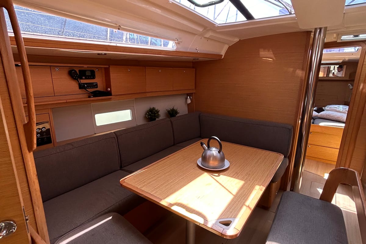 Salon of Echo II, a Dufour 430 GL sailboat at Kontokali, Greece