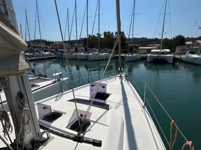 Deck of Echo II, a Dufour 430 GL sailboat at Kontokali, Greece